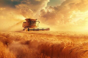 Fototapeta premium Advanced Combine Harvester Cutting Through Golden Wheat Field Under a Sunny Sky