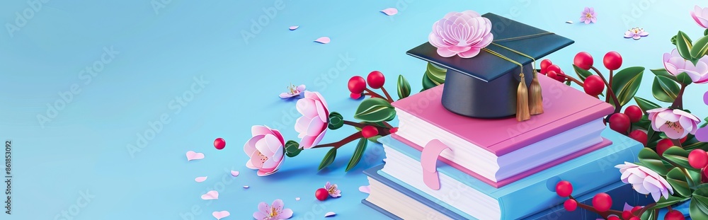 Wall mural A mortarboard and graduation scroll, tied with red ribbon, on a stack of books. AI generated illustration - Wall murals