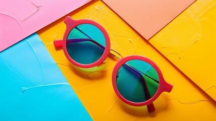 Concept of sale for sunglasses and eyeglasses. Background with stylish sunglasses. Fashionable summer accessories. Blank space for text. Summer discount event at optical store. Round-framed eyewear.