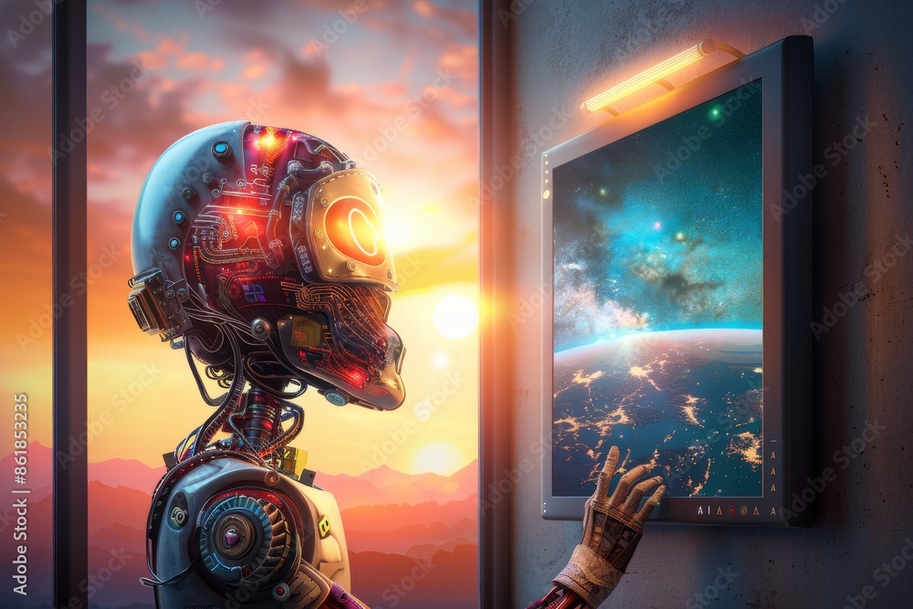Poster futuristic robot with ai interface and glowing elements, symbolizing advanced technology and innovat
