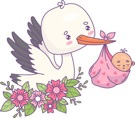 Stork with flowers with newborn baby girl