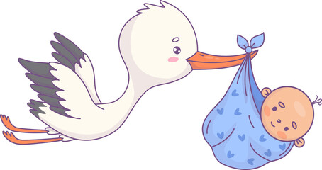 Stork with newborn baby boy. Funny  cartoon bird kawaii