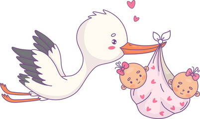 Cute flying stork with twins girls newborn