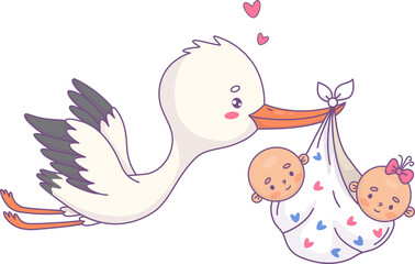 Stork flying with two twin babies