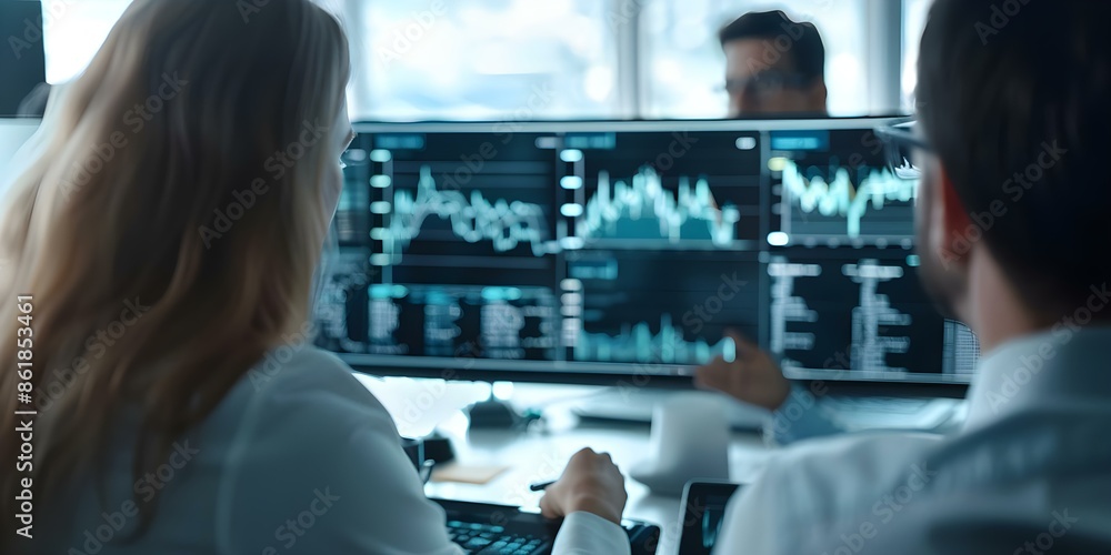 Poster office team uses holographic tech to analyze data for profitable investments. concept data analysis,