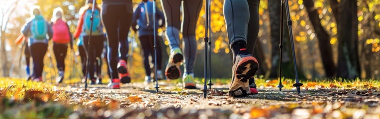Senior people doing nordic walking outdoors