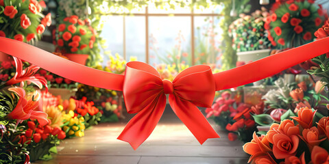 A bright red ribbon adorns the newly opened flower shop, its luscious petals awaiting eager customers