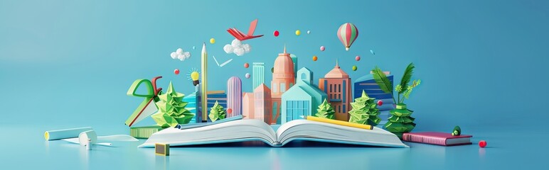 Styled pop-up book city with busy urban city people. 3D illustration. AI generated illustration