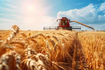 Farmers Harvesting Grain in Golden Fields Under Bright Summer Sunshine
