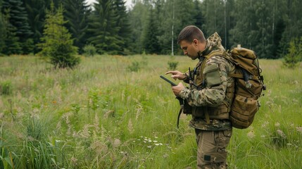 A soldier wearing camouflage clothing and a backpack stands in a clearing in a forest, using a digital tablet