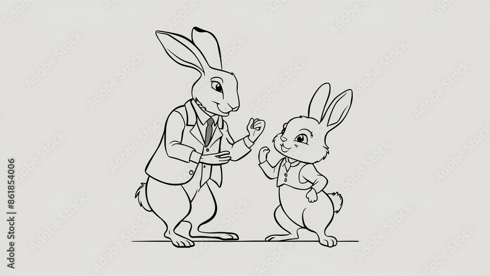 Poster a drawing of a rabbit and bunny shaking hands, ai