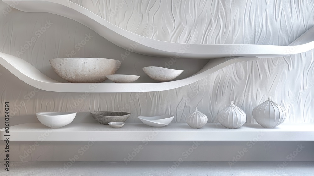 Poster a collection of ceramic vessels each with a unique geometric design are p on shelves that follow the