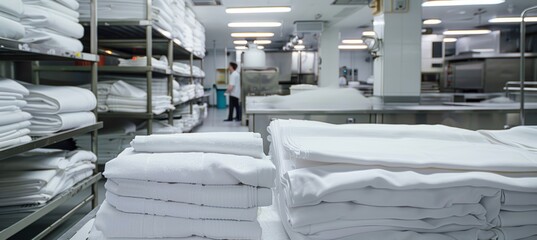 Professional Restaurant Laundry Service Facility with Organized Clean White Linens