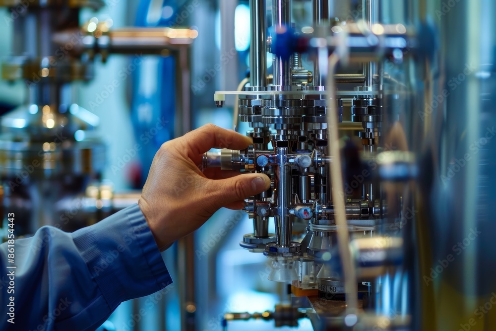Poster scientist's hand adjusting biofuel reactor in advanced laboratory setting for precision technology