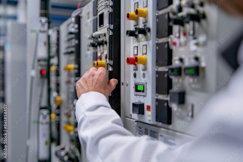 Poster scientist adjusting controls on advanced energy storage battery in high-tech laboratory setting