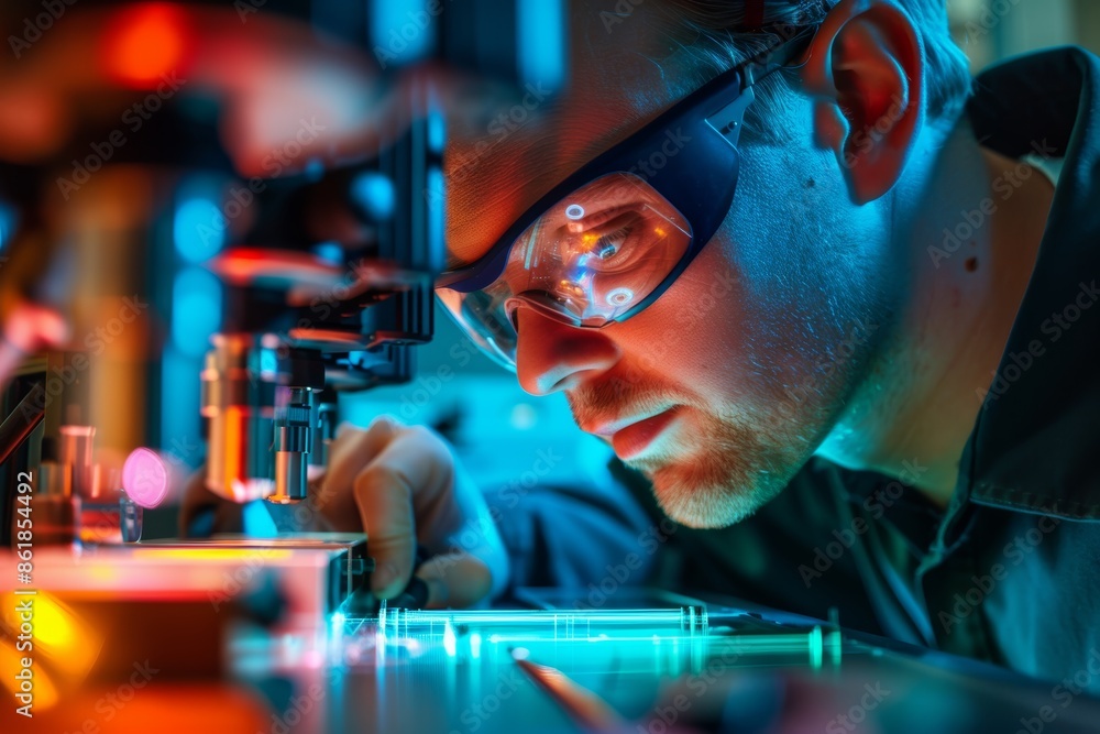 Poster scientist analyzing advanced solar cell materials using high-tech imaging technology in a research l
