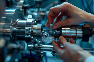 Naklejka premium Researcher Adjusting Advanced Hydrogen Fuel Cell Technology in Modern Laboratory Setting
