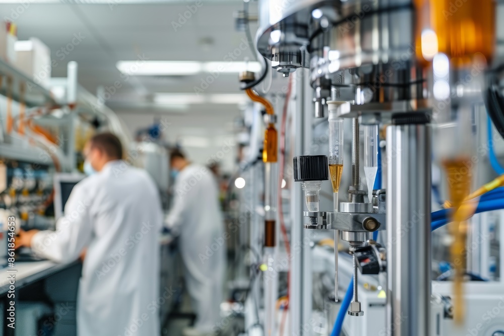 Poster advanced bioenergy research equipment in laboratory environment with scientists discussing results