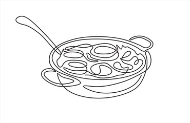 Continuous one line hand drawing of hot soup pot, ladle banner. Vector poster with simple line