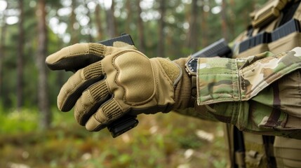 Fototapeta premium A close-up of a soldiers hand wearing tactical gloves holding a gun magazine in a forest