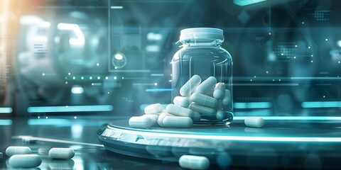 Highlight nutrition with captivating 2D digital painting of BCAA supplements in futuristic setting. Concept Health & Nutrition, Digital Art, BCAA Supplements, Futuristic Setting, Vibrant Colors