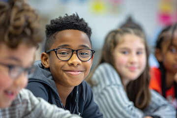 Obraz premium Group of diverse children in a classroom with a boy in glasses smiling at the camera