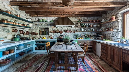 A cozy rustic kitchen with wooden beams on the ceiling and stone walls. A large wooden farmhouse table with mismatched chairs sits in the center of the room. 
