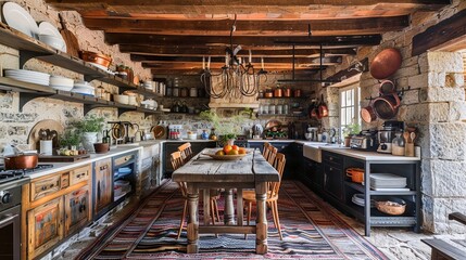 A cozy rustic kitchen with wooden beams on the ceiling and stone walls. A large wooden farmhouse table with mismatched chairs sits in the center of the room. 