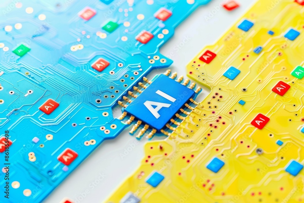 Poster ai integration on yellow circuit board, glowing elements and high tech design