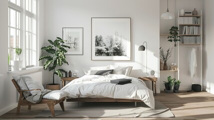 Fototapeta premium A bright and airy Scandinavian bedroom with a focus on simplicity and functionality. The room features white walls and light wooden floors. 