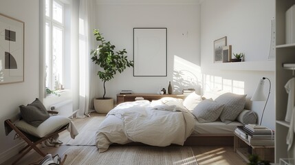 A bright and airy Scandinavian bedroom with a focus on simplicity and functionality. The room features white walls and light wooden floors. 