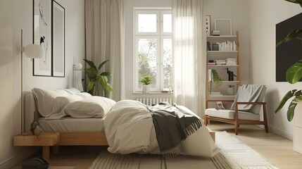 Fototapeta premium A bright and airy Scandinavian bedroom with a focus on simplicity and functionality. The room features white walls and light wooden floors. 