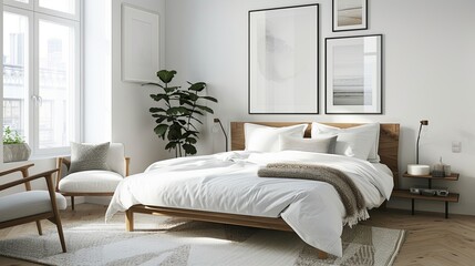 A bright and airy Scandinavian bedroom with a focus on simplicity and functionality. The room features white walls and light wooden floors. 