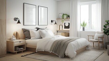 A bright and airy Scandinavian bedroom with a focus on simplicity and functionality. The room features white walls and light wooden floors. 