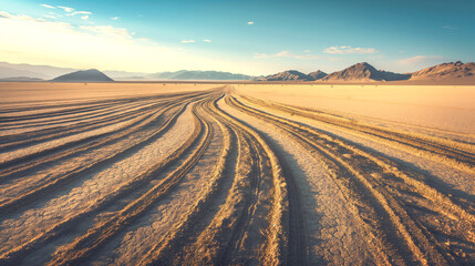 Desert with tire tracks in the sand. Travel and active lifestyle concept.