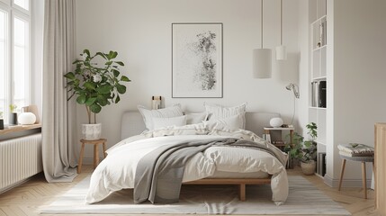 A bright and airy Scandinavian bedroom with a focus on simplicity and functionality. The room features white walls and light wooden floors. 