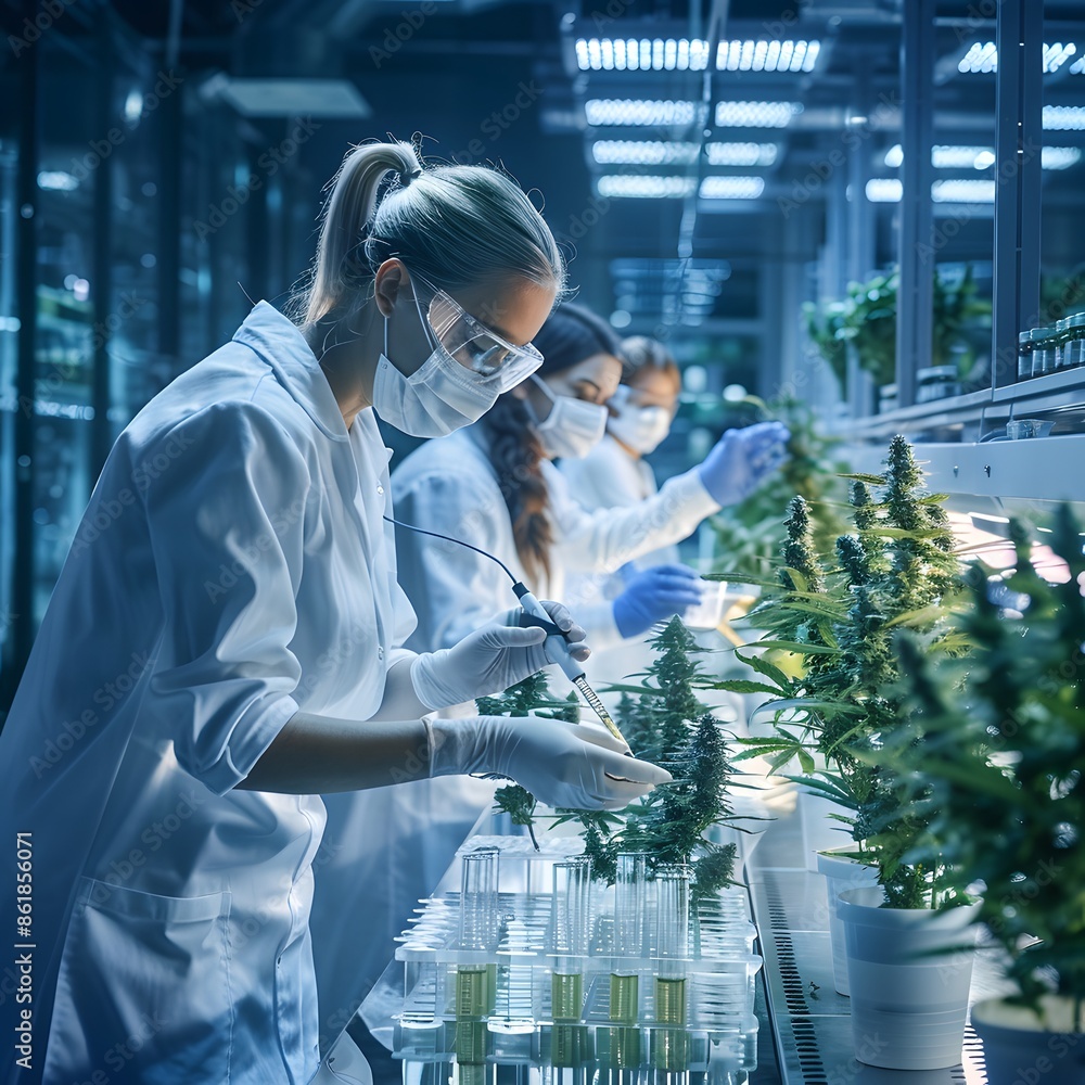 Poster scientists and technicians working on cannabis product development in labs
