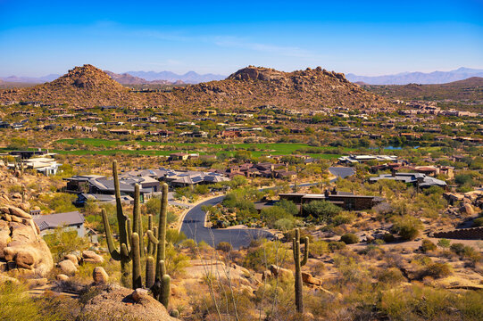 Scottsdale viewed from Pinnacle Peak trail in Arizona. Pinnacle Peak Park is a 150-acre desert park near Phoenix, Arizona, known for its prominent granite summit and scenic hiking trails.