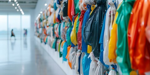 Naklejka premium Colorful exhibit showcases creative reuse of recycled fabric and plastics. Concept Sustainable Design, Recycled Materials, Creative Reuse, Textile Art, Eco-Friendly Fashion