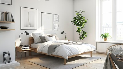 A bright and airy Scandinavian bedroom with a focus on simplicity and functionality. The room features white walls and light wooden floors. A low,