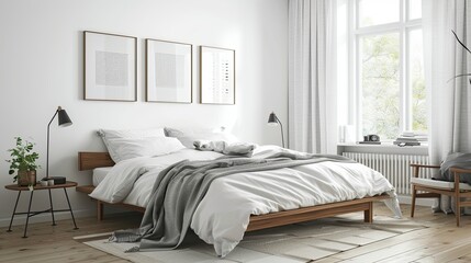 A bright and airy Scandinavian bedroom with a focus on simplicity and functionality. The room features white walls and light wooden floors. A low,