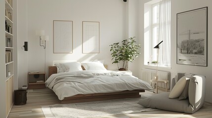 A bright and airy Scandinavian bedroom with a focus on simplicity and functionality. The room features white walls and light wooden floors. A low,
