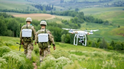Obraz premium Two soldiers in camouflage walk through a field, with a drone flying overhead