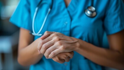 Close-up of a healthcare professional's hands in blue scrubs, symbolizing care, dedication, and medical expertise in a clinical setting.