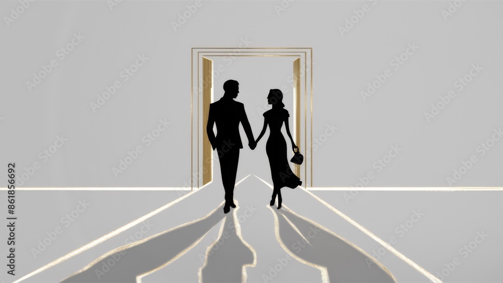 Sticker A silhouette of a couple holding hands walking through an open door, AI