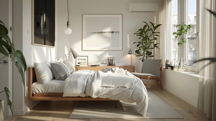 A bright and airy Scandinavian bedroom with a focus on simplicity and functionality. The room features white walls and light wooden floors. A low,