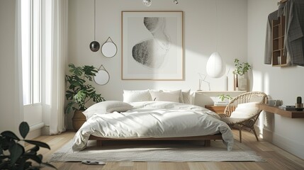 A bright and airy Scandinavian bedroom with a focus on simplicity and functionality. The room features white walls and light wooden floors. A low,
