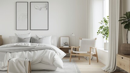 A bright and airy Scandinavian bedroom with a focus on simplicity and functionality. The room features white walls and light wooden floors. A low,