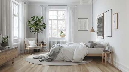 A bright and airy Scandinavian bedroom with a focus on simplicity and functionality. The room features white walls and light wooden floors. A low,