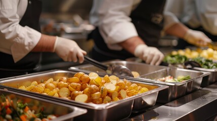 Professional Chefs Delicately Preparing Gourmet Potato Appetizers for a Vibrant Catering Event
